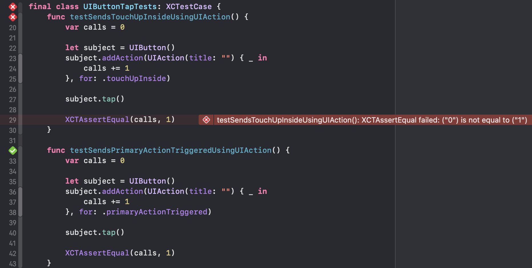 Xcode showing failing tests for the tap test helper