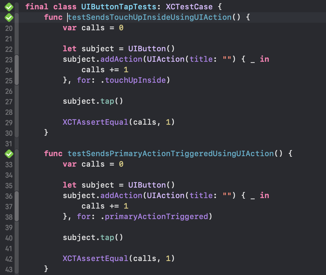 Xcode showing passing tests for the tap test helper